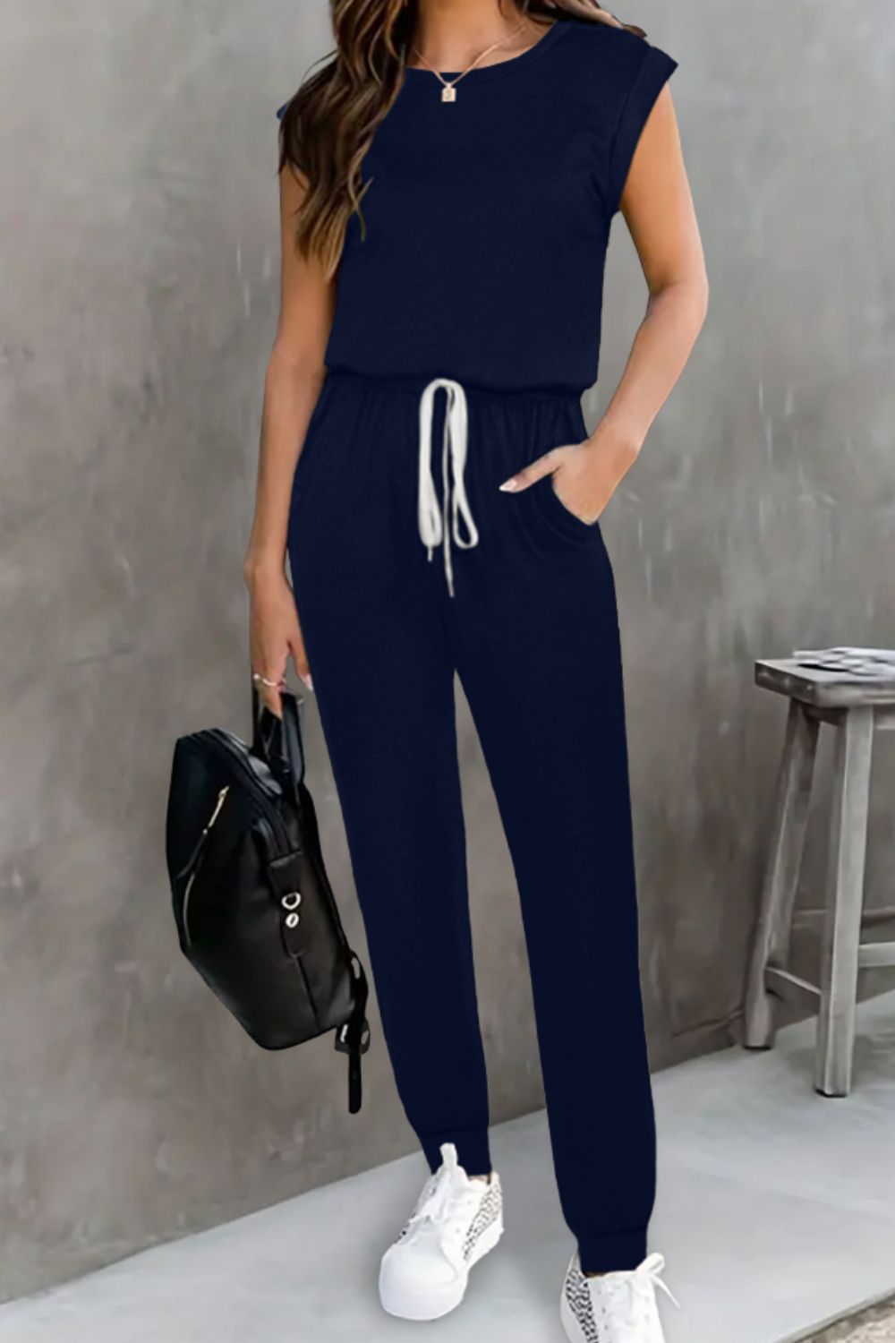 Drawstring Round Neck Sleeveless Jumpsuit-Angel Casuals