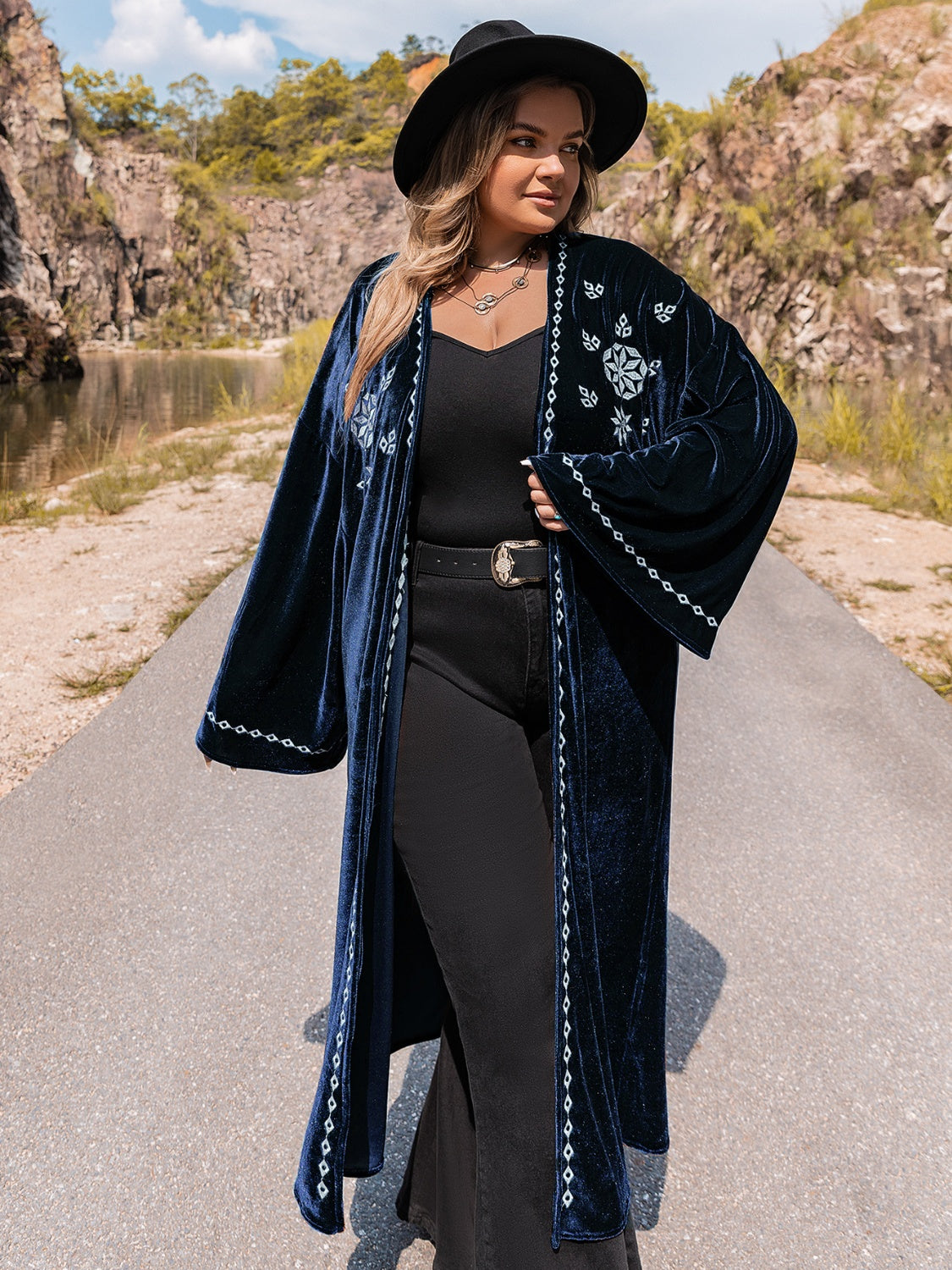 Plus Size Embroidery Open Front Long Sleeve Cardigan-Angel Casuals