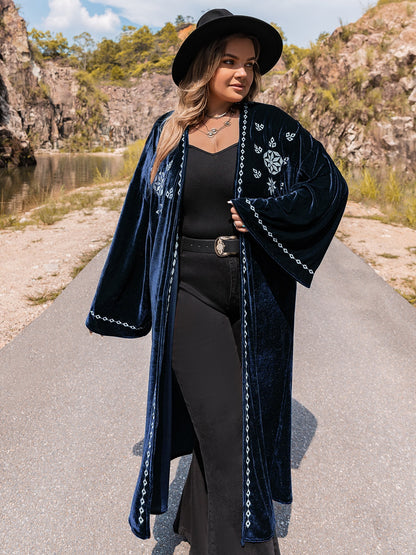 Plus Size Embroidery Open Front Long Sleeve Cardigan-Angel Casuals