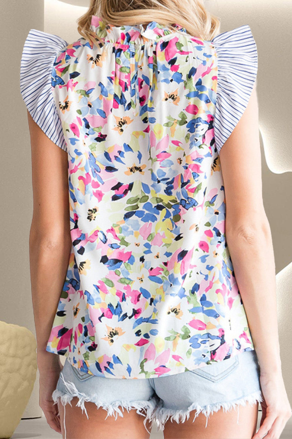 Ruffled Printed Mock Neck Cap Sleeve Blouse-Angel Casuals