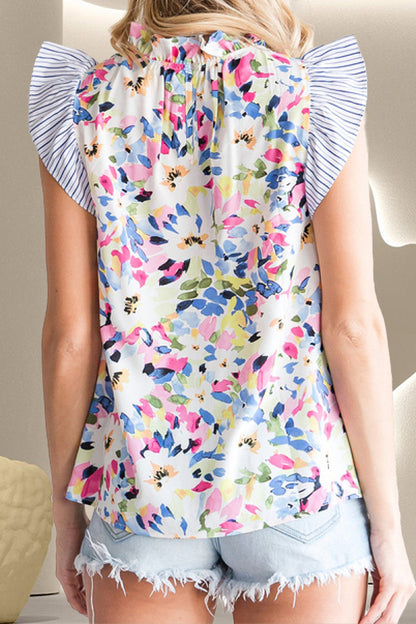 Ruffled Printed Mock Neck Cap Sleeve Blouse-Angel Casuals