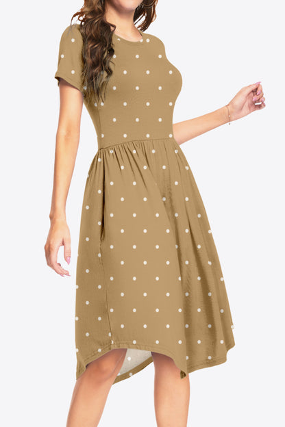 Printed Round Neck Short Sleeve Dress with Pockets-Angel Casuals