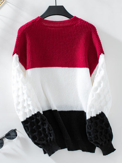 Color Block Round Neck Long Sleeve Sweater-Angel Casuals