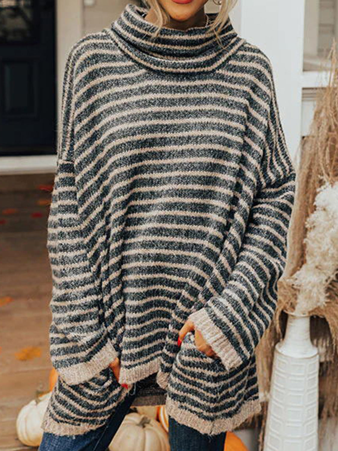 Striped Turtleneck Sweater with Pockets-Angel Casuals