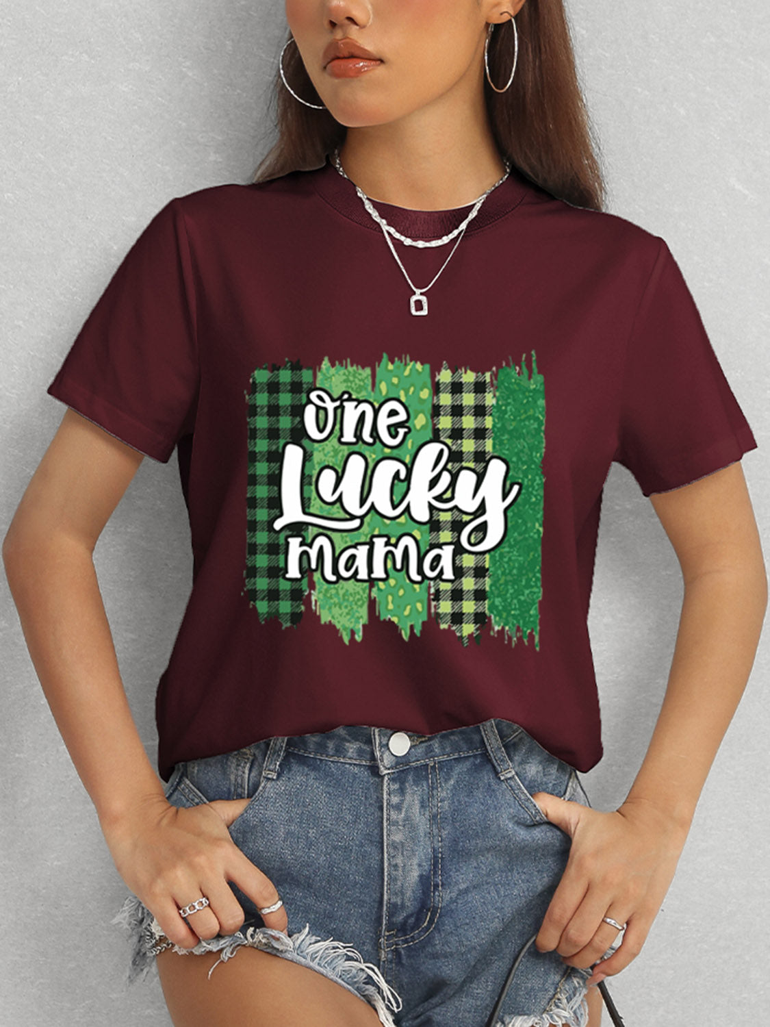 ONE LUCKY MAMA Round Neck T-Shirt-Angel Casuals