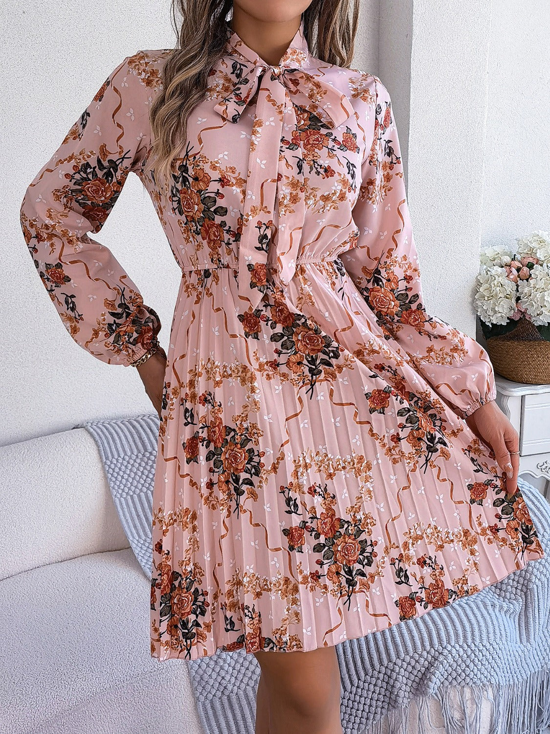 Pleated Printed Tie Neck Long Sleeve Dress-Angel Casuals