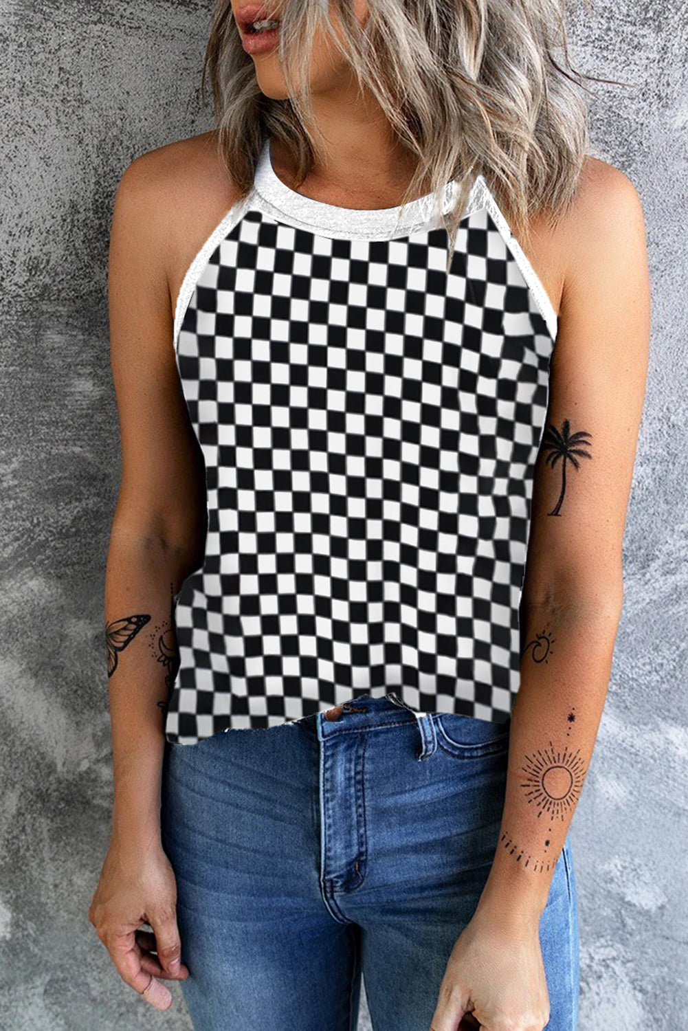 Checkered Grecian Neck Tank-Angel Casuals