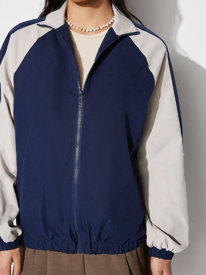 Contrast Zip Up Collared Neck Long Sleeve Jacket-Angel Casuals