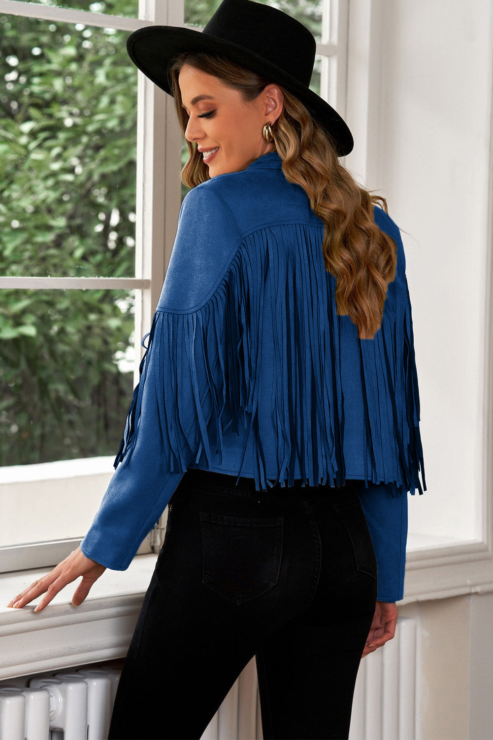 Fringe Trim Lapel Collar Cropped Blazer-Angel Casuals