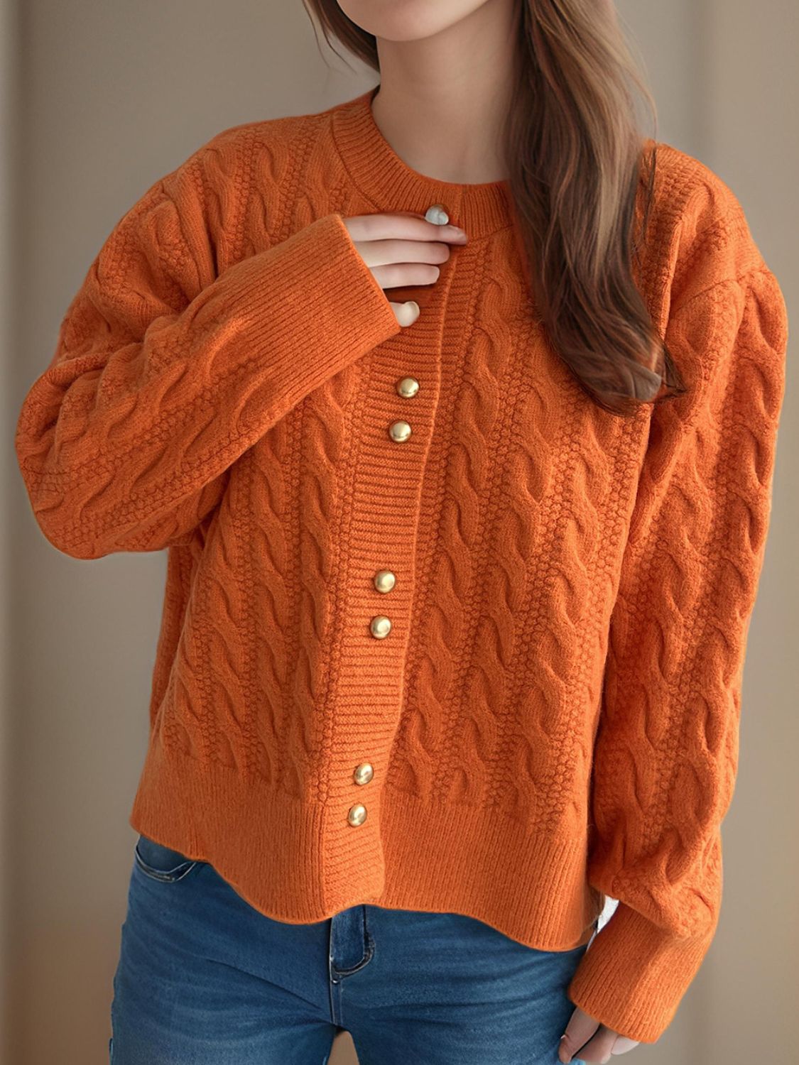 Cable-Knit Round Neck Long Sleeve Cardigan-Angel Casuals