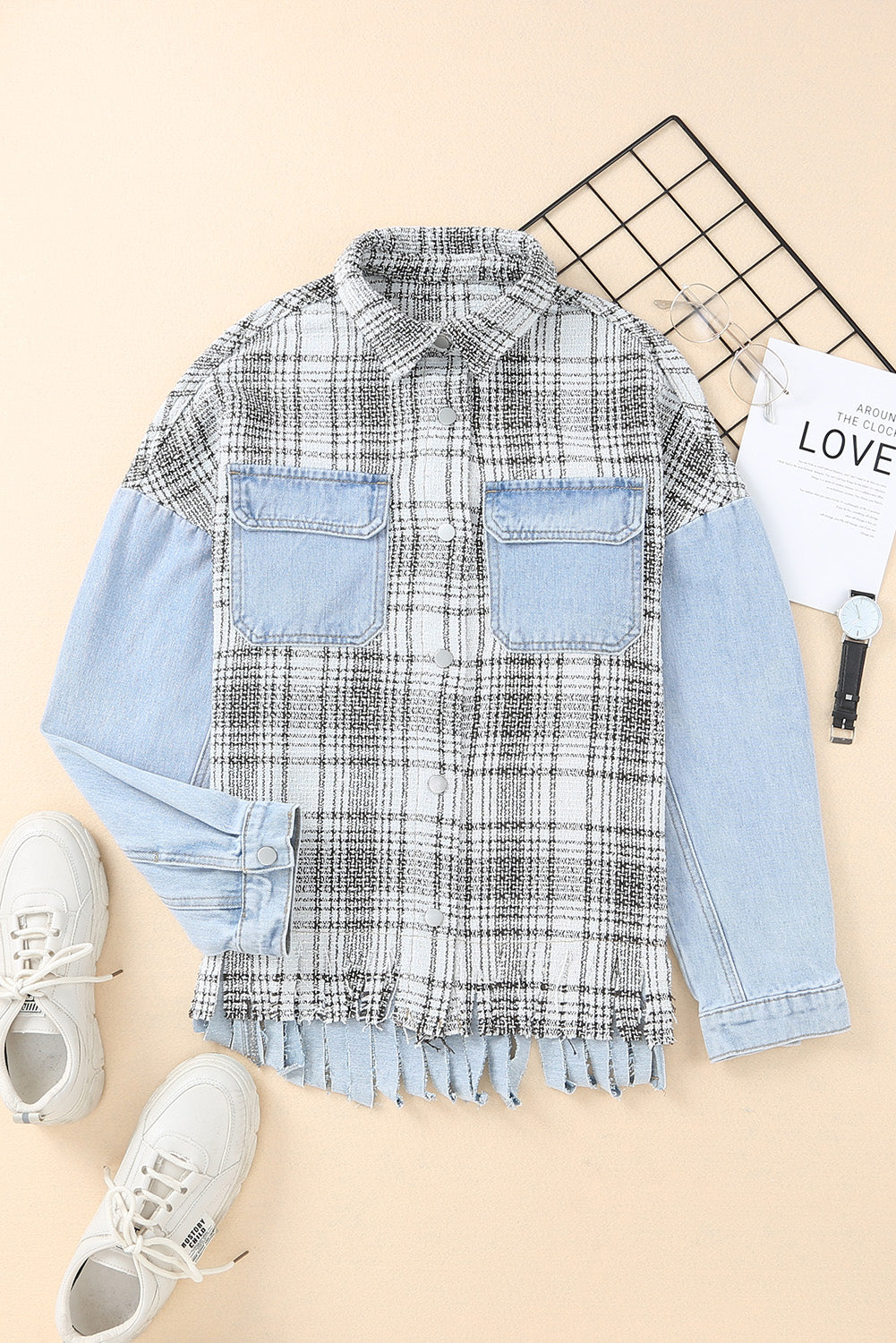 Plaid Pocketed Snap Down Denim Jacket-Angel Casuals