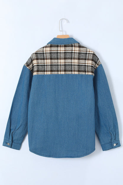 Plaid Pocketed Button Up Denim Jacket-Angel Casuals