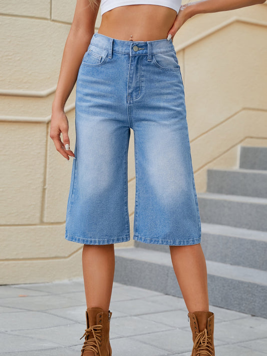 High Waist Denim Shorts with Pockets-Angel Casuals