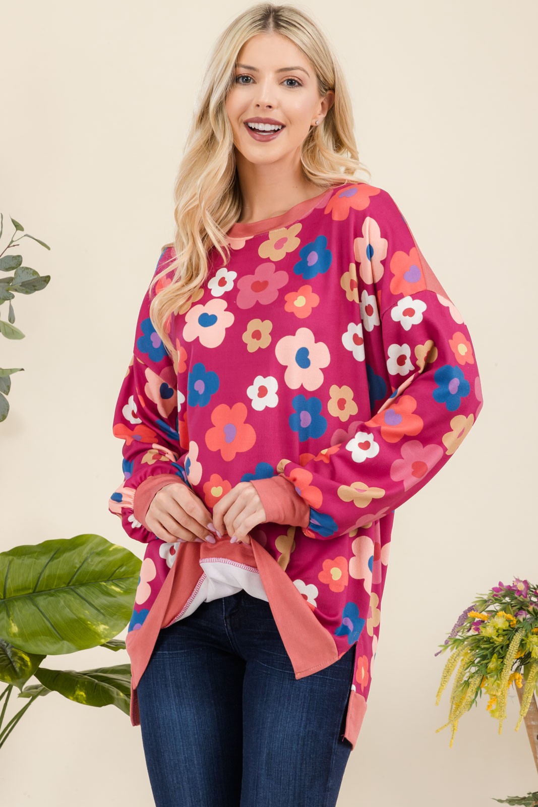 Celeste Full Size Side Slit Flower Print Long Sleeve Top-Angel Casuals