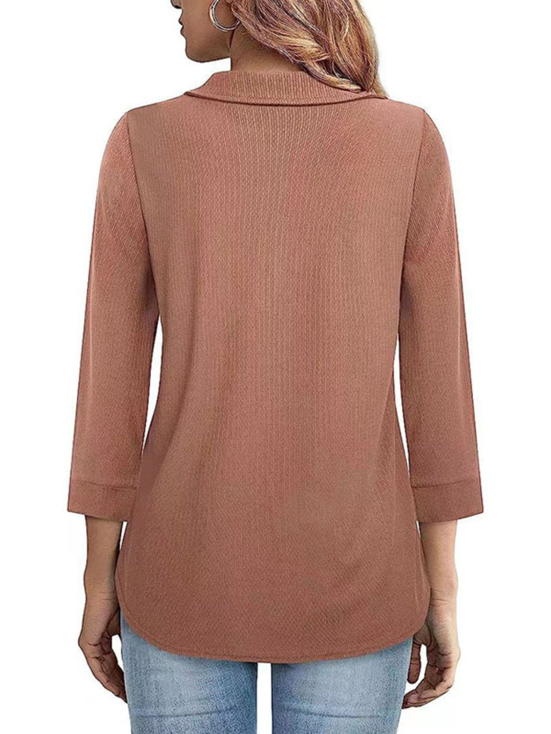 Half Zip Collared Neck Three-Quarter Sleeve T-Shirt-Angel Casuals