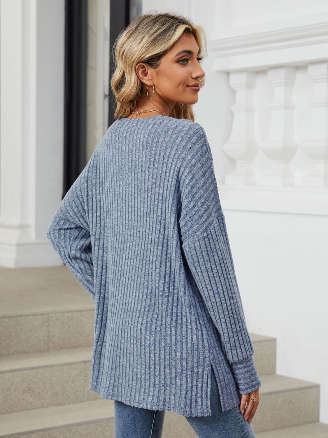 Ribbed Round Neck Long Sleeve T-Shirt-Angel Casuals