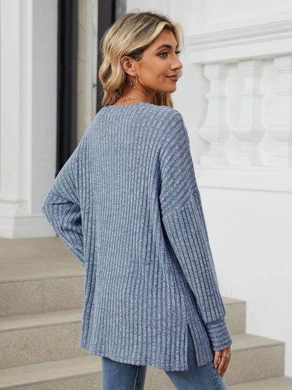 Ribbed Round Neck Long Sleeve T-Shirt-Angel Casuals