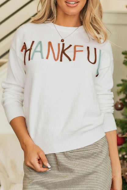 THANKFUL Round Neck Drop Shoulder Sweater-Angel Casuals