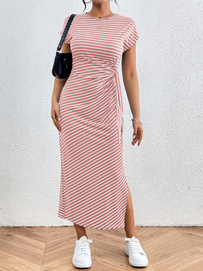 Tied Striped Round Neck Short Sleeve Tee Dress-Angel Casuals