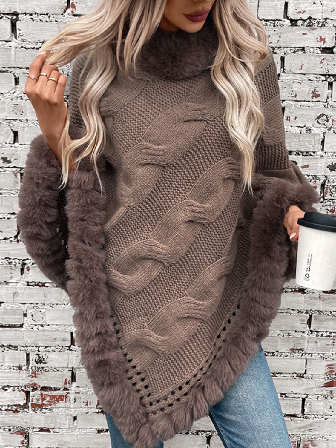 Fuzzy Hem Cable-Knit Poncho-Angel Casuals