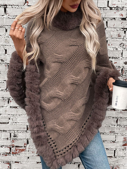 Fuzzy Hem Cable-Knit Poncho-Angel Casuals