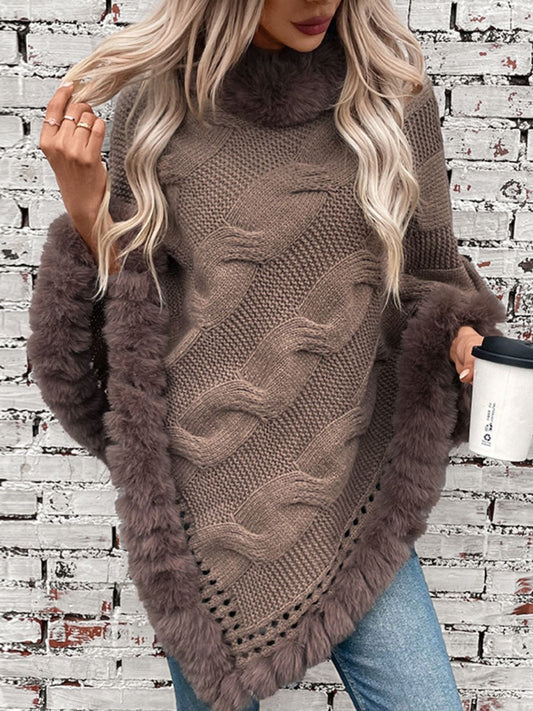 Fuzzy Hem Cable-Knit Poncho-Angel Casuals