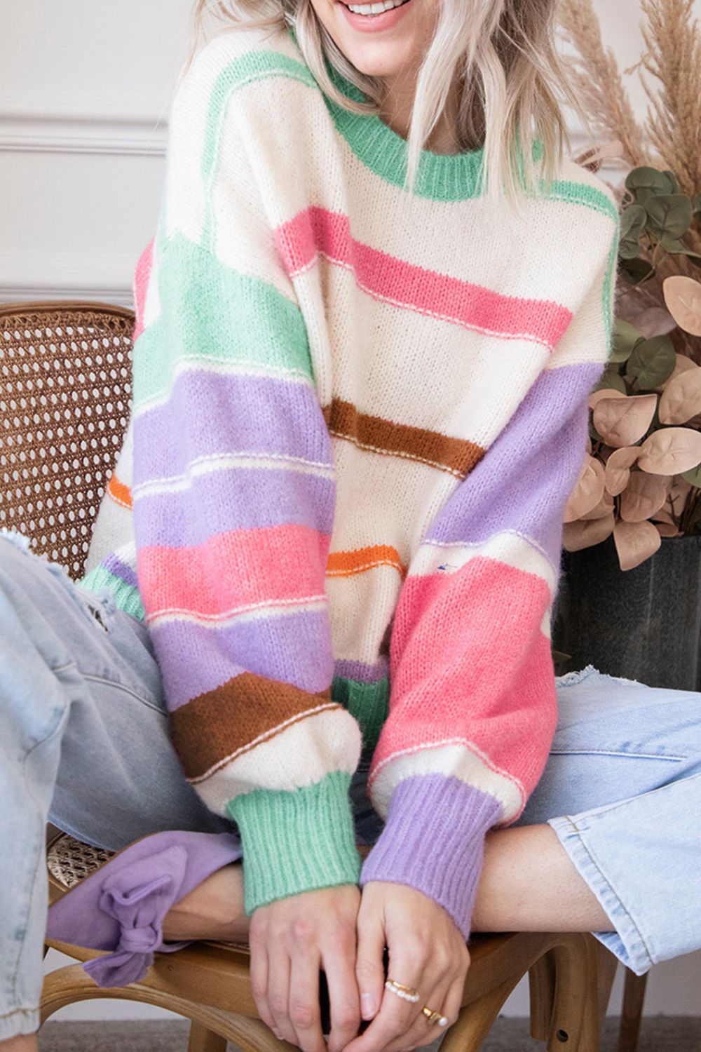 Contrast Striped Round Neck Drop Shoulder Sweater-Angel Casuals