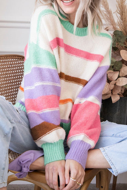 Contrast Striped Round Neck Drop Shoulder Sweater-Angel Casuals