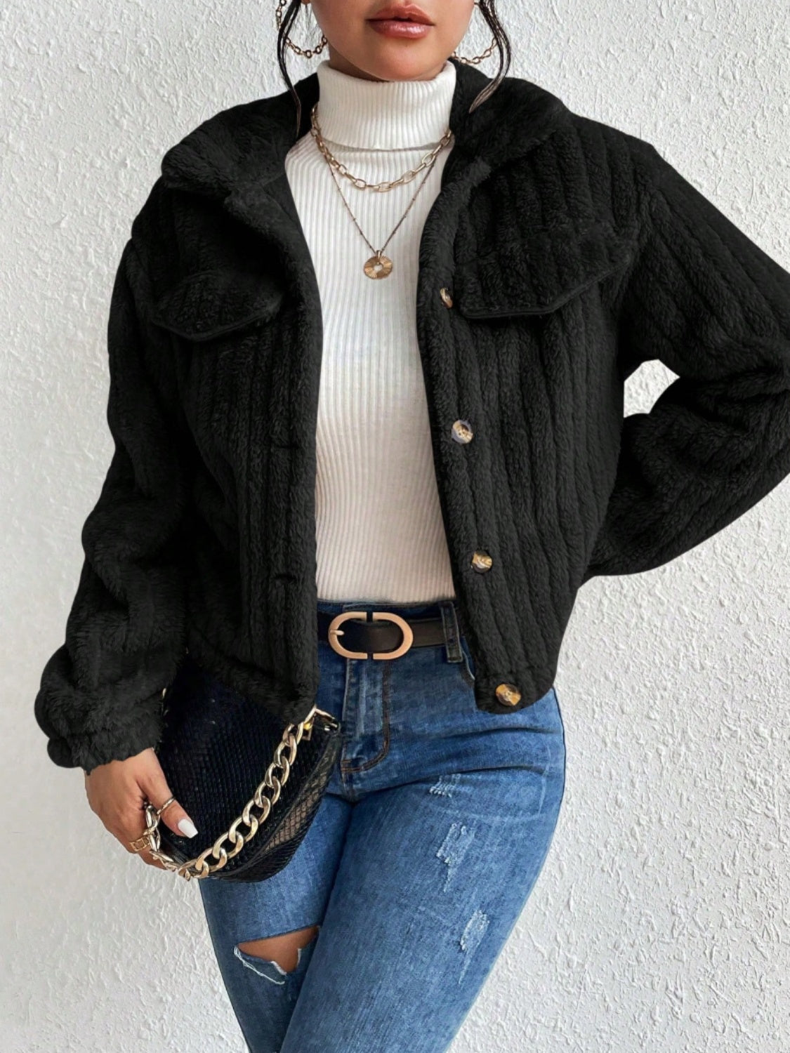 Fuzzy Button Up Collared Neck Jacket-Angel Casuals
