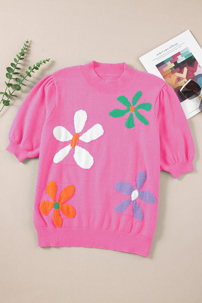 Flower Mock Neck Short Sleeve Sweater-Angel Casuals