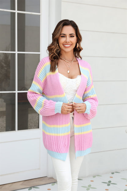 Color Block Ribbed Dropped Shoulder Open Front Cardigan-Angel Casuals