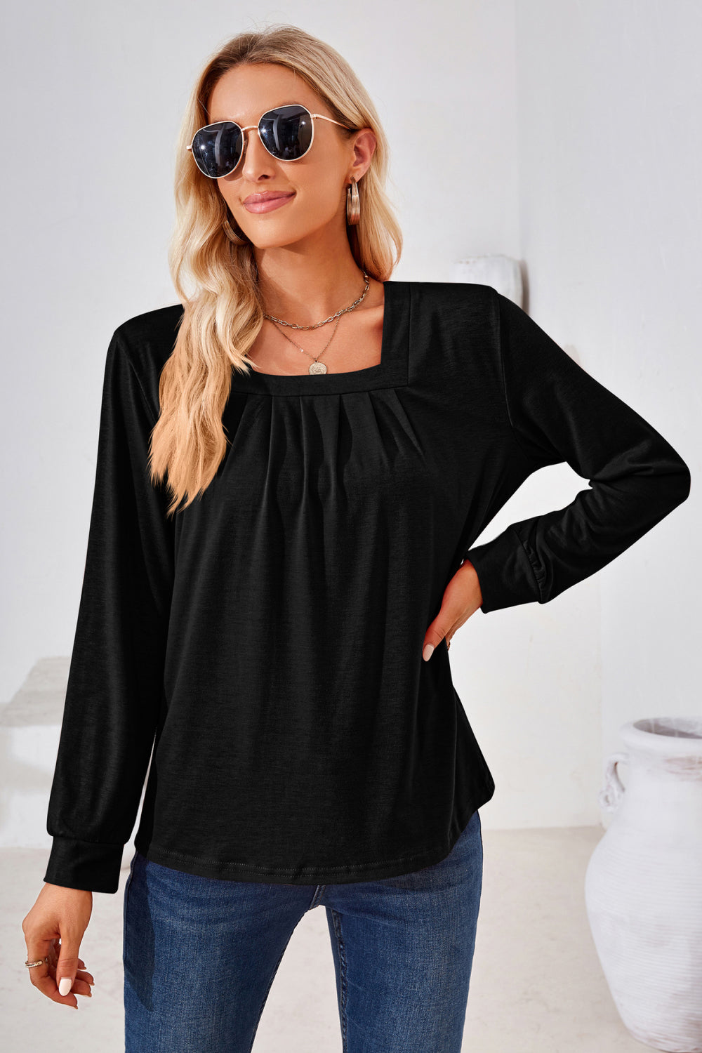 Square Neck Ruched Long Sleeve Blouse-Angel Casuals