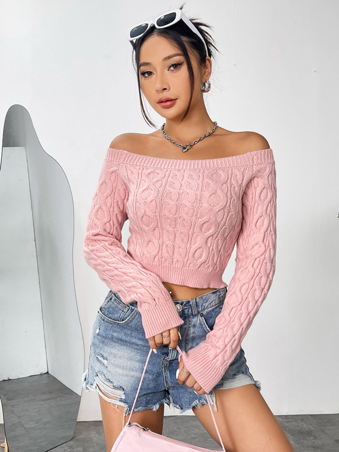 Cable-Knit Off-Shoulder Long Sleeve Knit Top-Angel Casuals