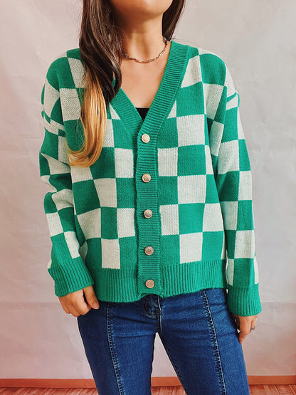 Checkered Open Front Button Up Cardigan-Angel Casuals