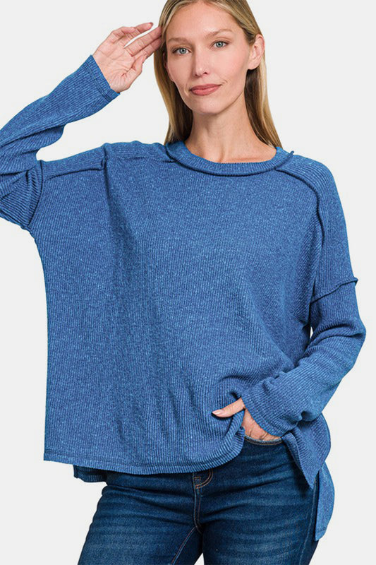 Zenana Full Size Exposed Seam Brushed Round Neck Sweater-Angel Casuals