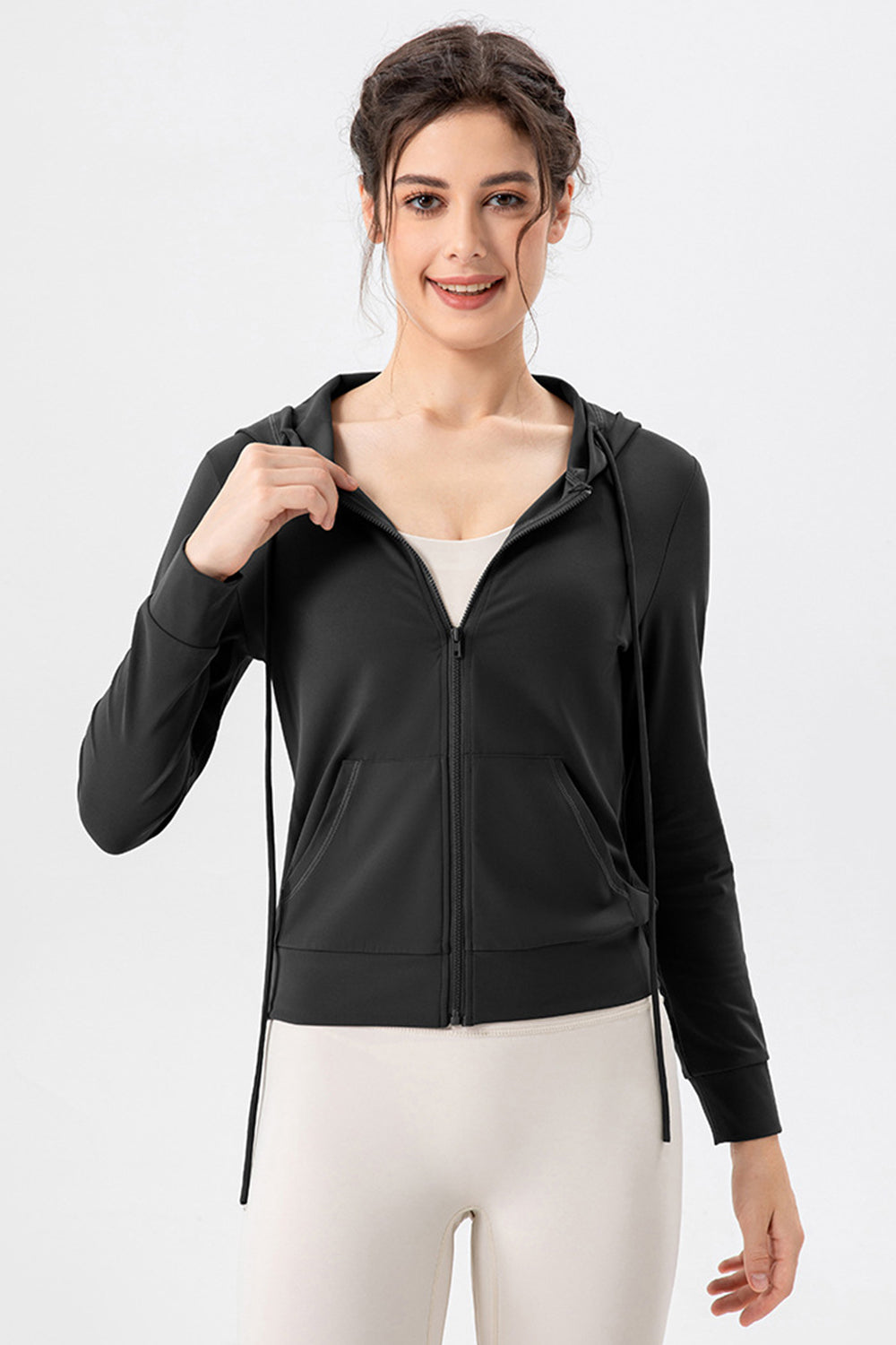 Drawstring Zip Up Hooded Active Outerwear-Angel Casuals