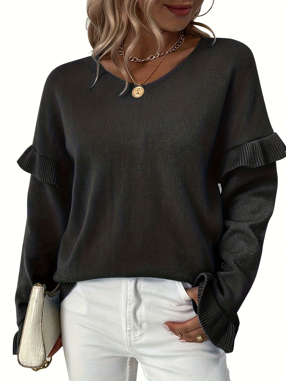 V-Neck Ruffle Trim Long Sleeve Sweater-Angel Casuals