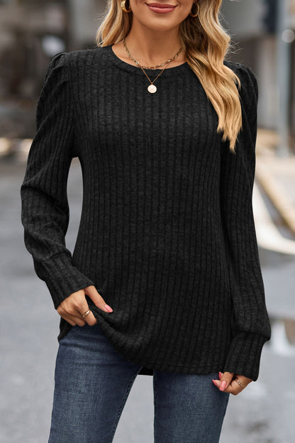 Lovelet Ribbed Round Neck Long Sleeve Knit Top-Angel Casuals