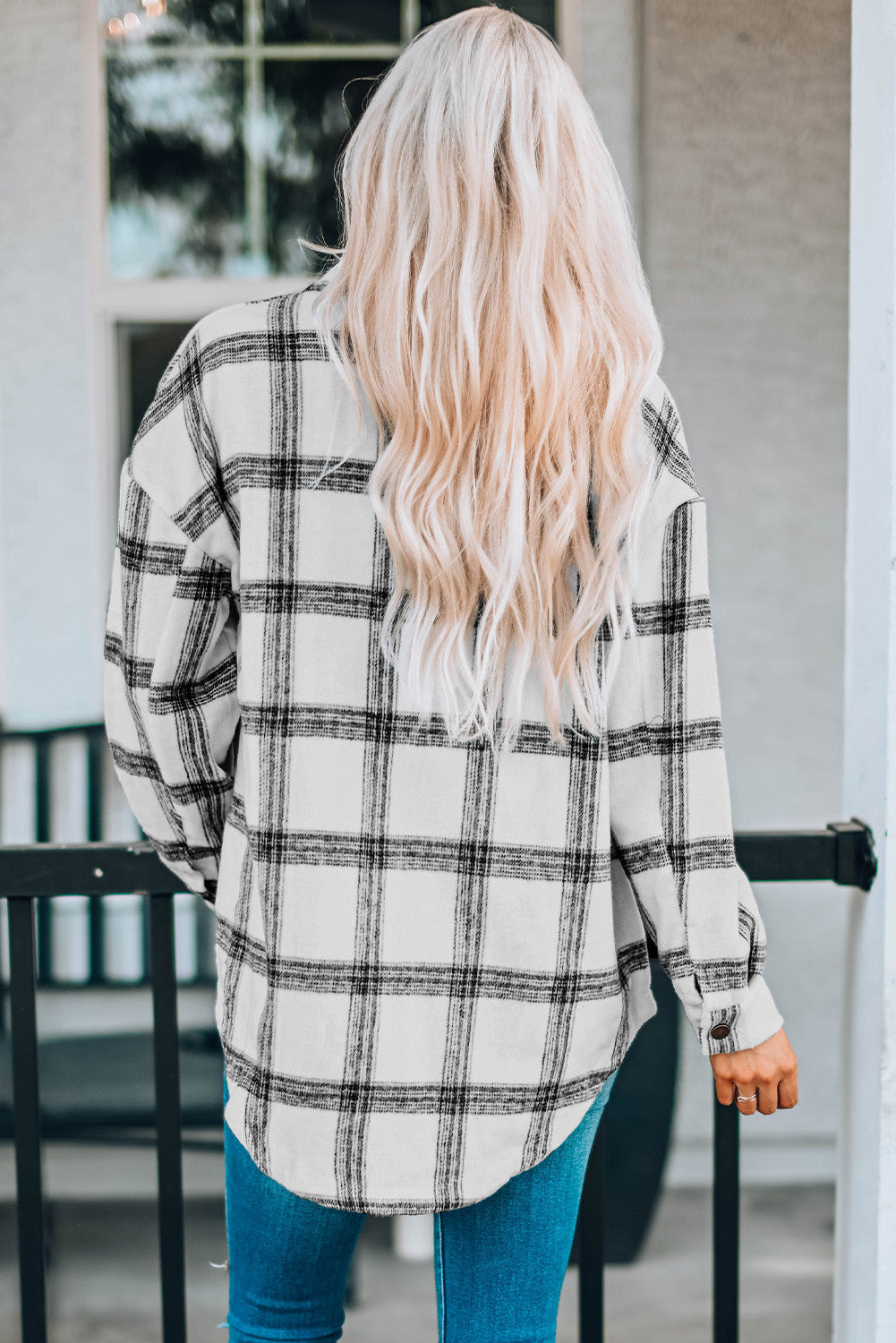 Plaid Curved Hem Dropped Shoulder Longline Shirt Jacket-Angel Casuals