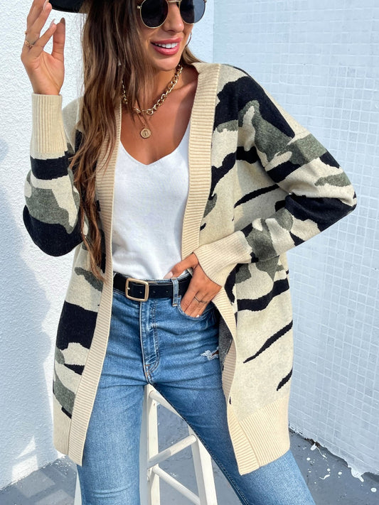 Camouflaged Dropped Shoulder Open Front Cardigan-Angel Casuals