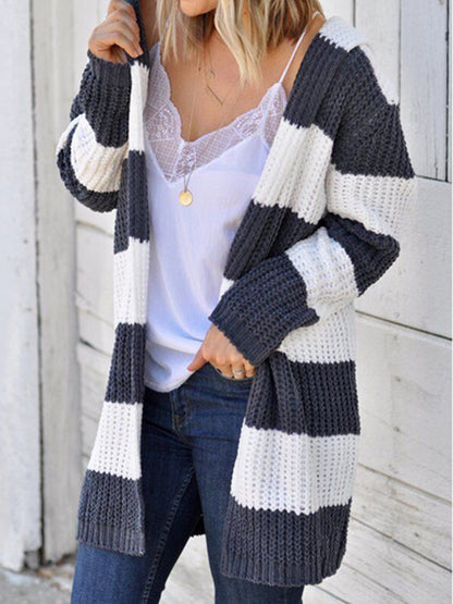 Striped Open Front Hooded Cardigan-Angel Casuals