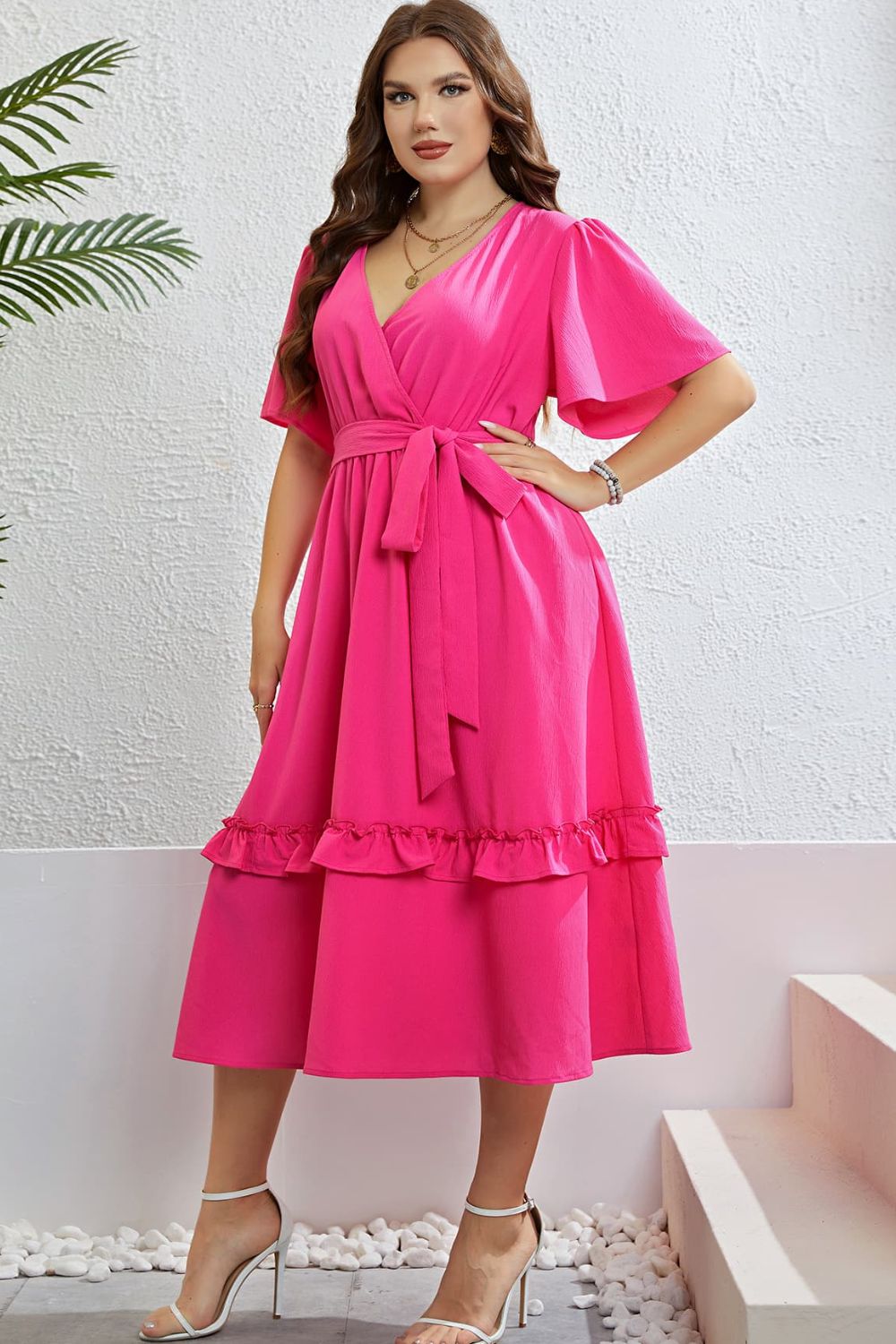 Belted Frill Trim Flutter Sleeve Dress-Angel Casuals