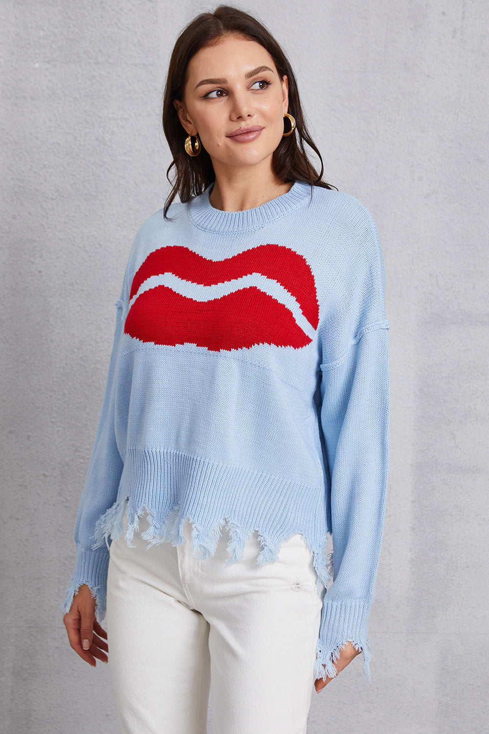 Lip Fringe Round Neck Sweater-Angel Casuals