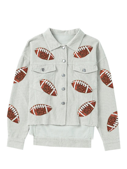 Football Sequin Button Up Dropped Shoulder Jacket-Angel Casuals
