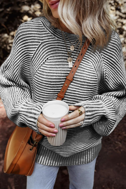 Textured Striped Round Neck Long Sleeve Top-Angel Casuals