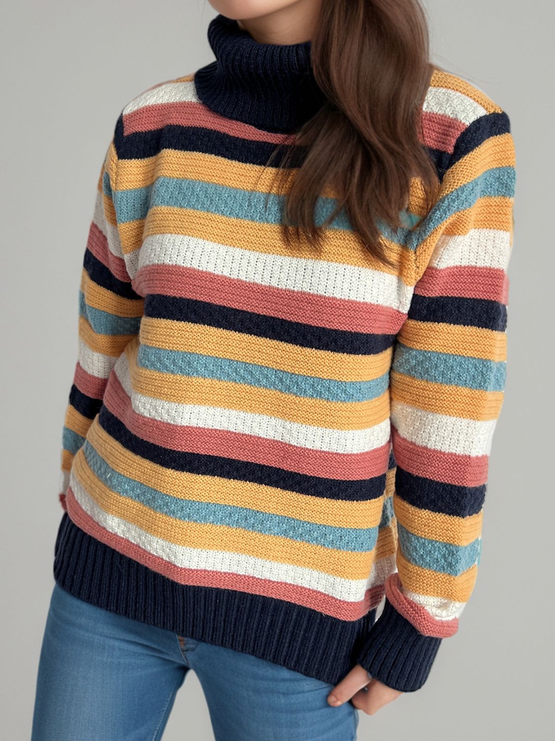 Contrast Stripes Turtleneck Long Sleeve Sweater-Angel Casuals