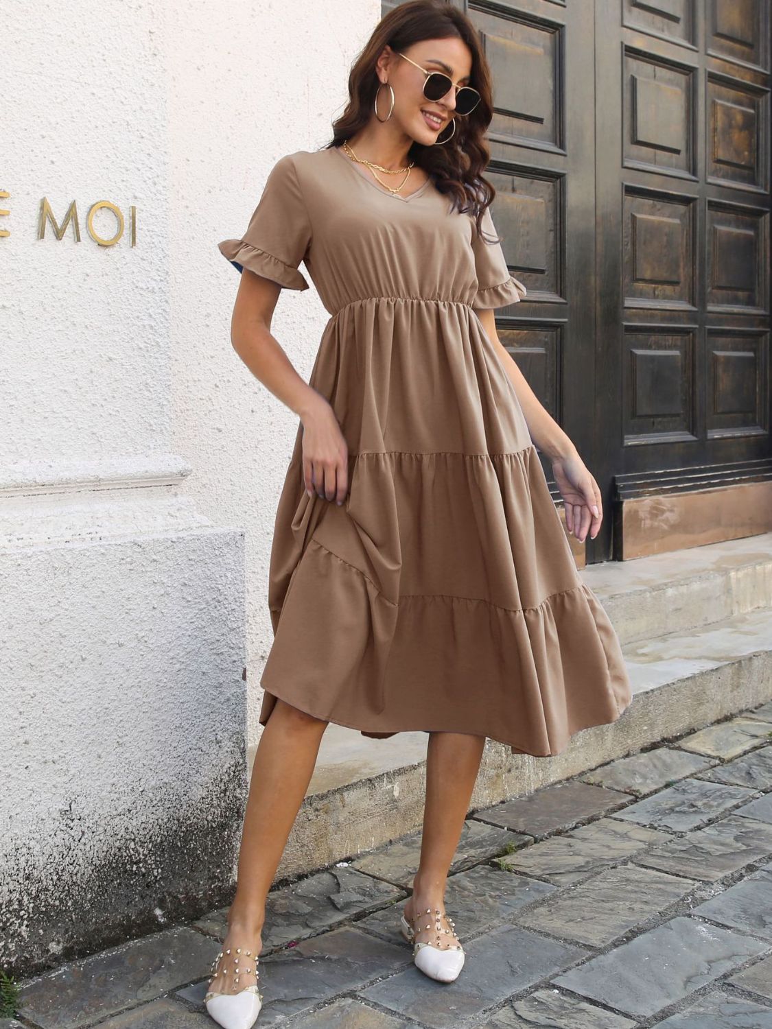 V-Neck Short Sleeve Midi Dress-Angel Casuals