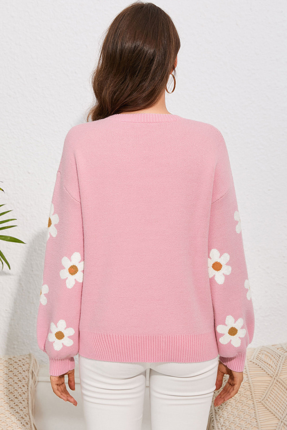 Flower Round Neck Dropped Shoulder Sweater-Angel Casuals