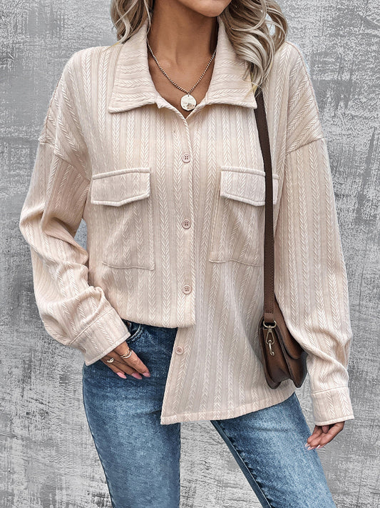 Pocketed Button Up Dropped Shoulder Jacket-Angel Casuals