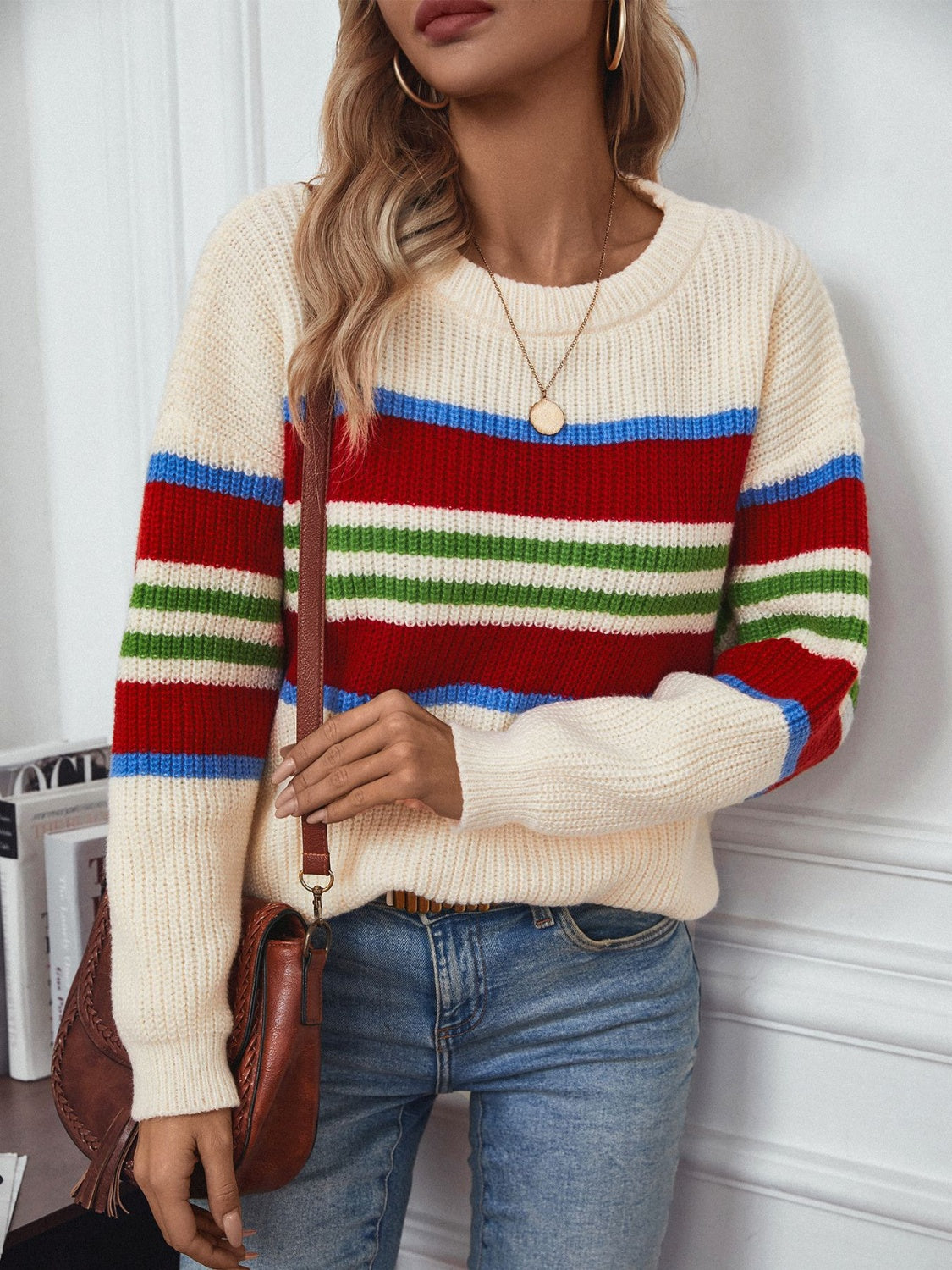 Contrast Stripes Round Neck Long Sleeve Sweater-Angel Casuals